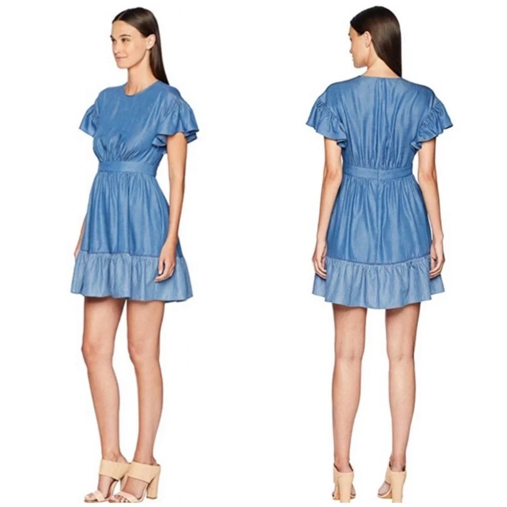 NEW KATE SPADE Chambray Fluffer Sleeve Ruffle Hem Indigo Mini Dress size 8 - Picture 1 of 16